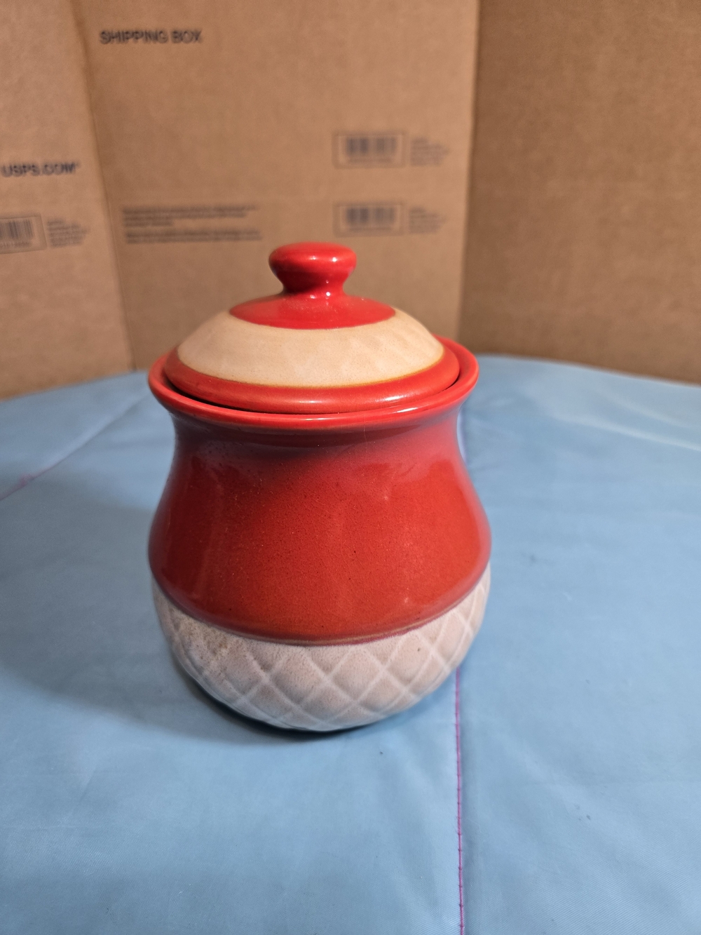 Vintage Unmarked Ceramic Burnt Orange Tan Basket Weave Kitchen Canister